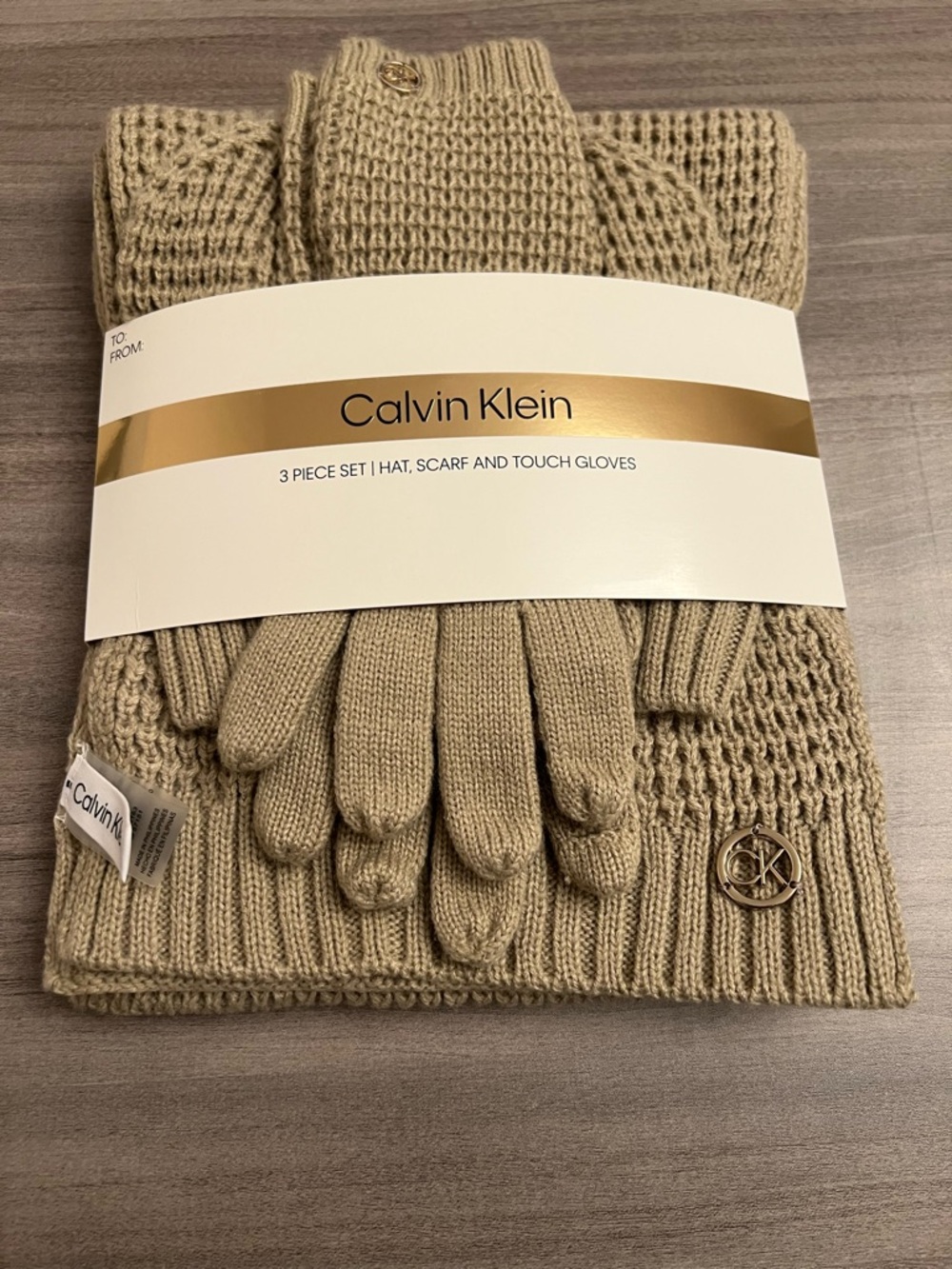 Calvin Klein 3 Piece Scarf, Hat, and Touch Gloves Set - Tan/Beige - Picture 2 of 6